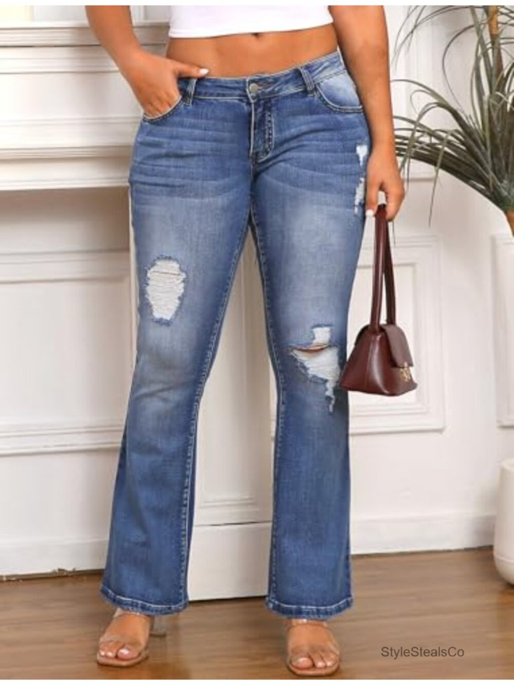 Low Rise Bootcut Jeans Super Stretch Distressed Ripped Western Denim - Picture 3 of 6